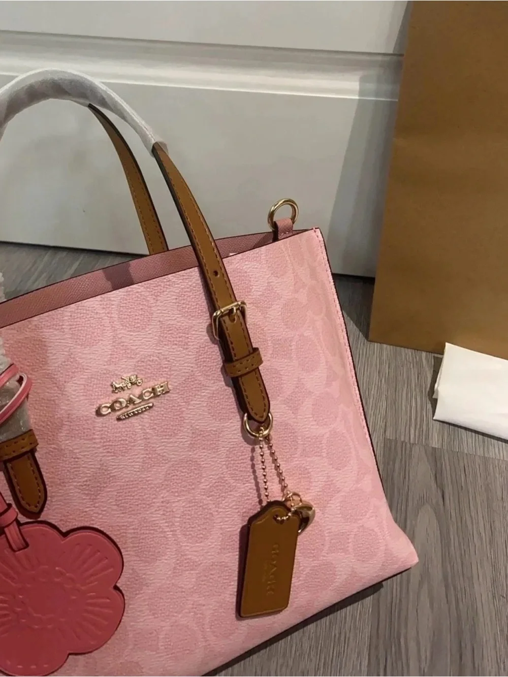 Coach Pink Signature Leather Shoulder Tote with Floral Charm